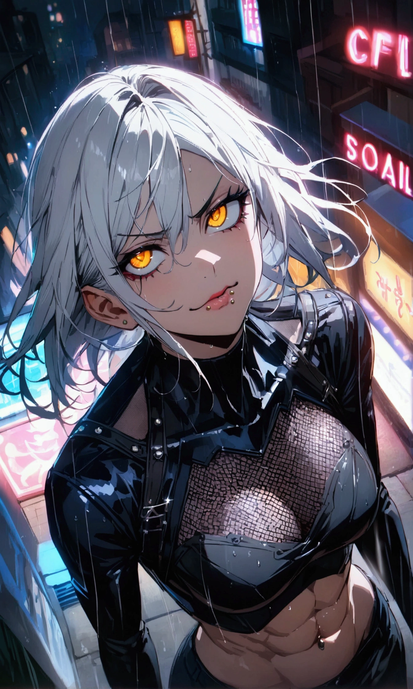 anime women, dark outfit with red and blue details, white hair, (golden dragon eyes) standing in a rain soaked, city street at night, cinematic lighting (best quality:1.2)detailed, neon lights, vivid colors,bokeh, angry looking face with smirk on mouth, piercing, ABS, (looking up), ((face piercing)), gaze, 4k, particles in the air, powers, amazing art work full of details, dynamic movement