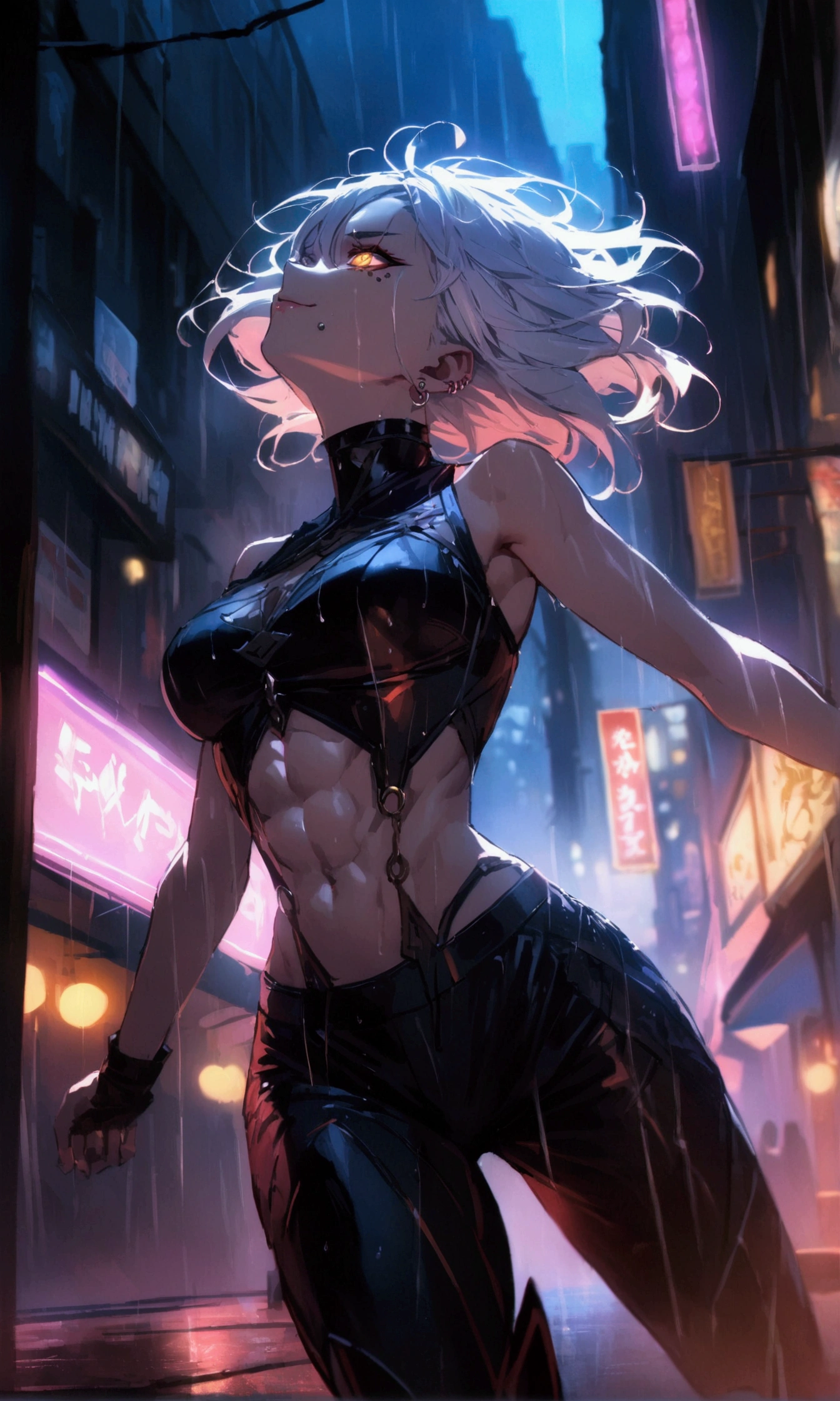 anime women, dark outfit with red and blue details, white hair, (golden dragon eyes) standing in a rain soaked, city street at night, cinematic lighting (best quality:1.2)detailed, neon lights, vivid colors,bokeh, angry looking face with smirk on mouth, piercing, ABS, (looking up), ((face piercing)), gaze, 4k, particles in the air, powers, amazing art work full of details, dynamic movement