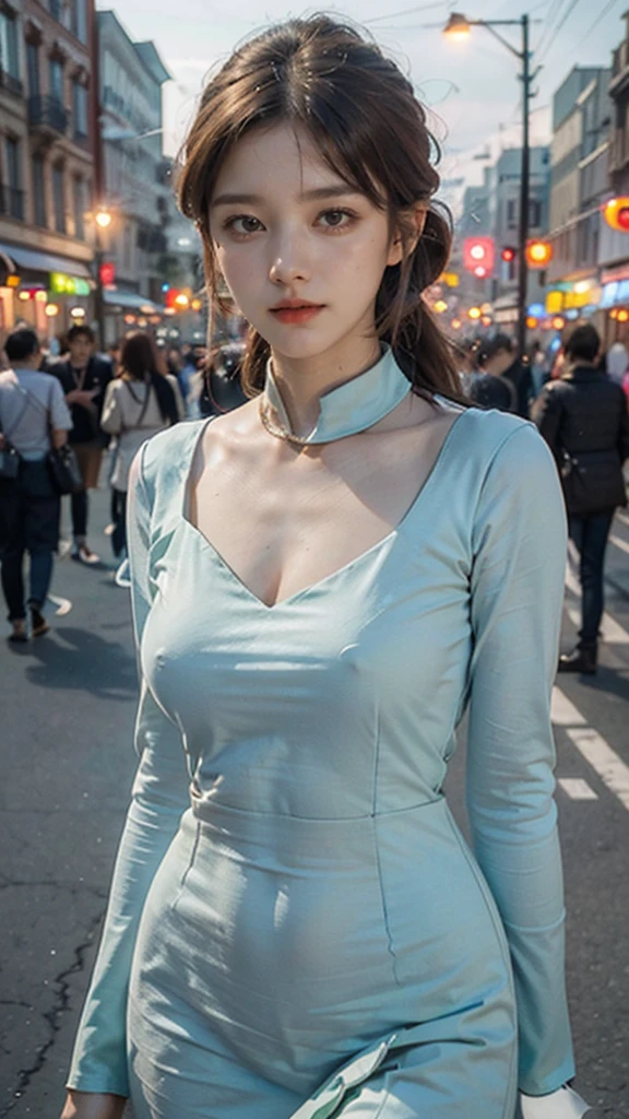 (Best quality, 8K, Masterpiece: 1.3), Clear focus: 1.2, Beauty: 1.4, Abs: 1.1, Brown hair, Aqua dress: 1.4, Night outdoors: 1.1, City streets, fine face and eyes, double eyelids. Realistic lighting added, pay attention to adjust the proportions.