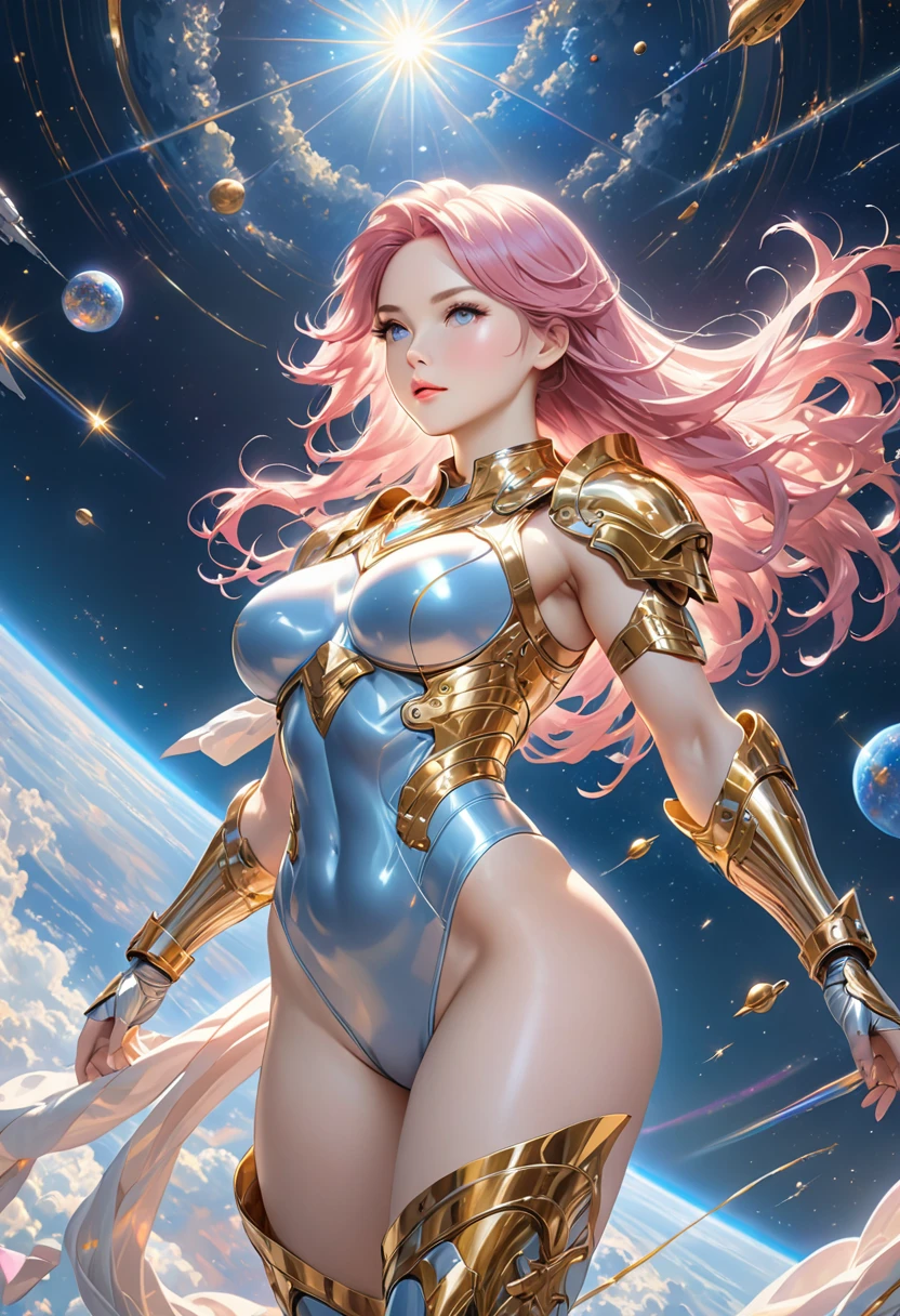 BOMBSHELL PINK HAIR VALKYRIE FLYING OUTERSPACE, , PALE SKIN, LIGHT GRAY EYES, HIGH CHEEKBONES, ROSY CHEEKS, MENTAL FORAMEN, HUGE LONG HAIR,LIGHT BLUE THONG LEOTARD ARMOUR, , LONG GOLD GAUNTLETS, ATHLETIC CURVY BODY, EXPOSED ARMS, DETAILED QUADRICEPS, MUSCLES, FRONT BODY VIEW, GOLD SHOES, FULL BODY PERSPECTIVE, SPRITE LIGHTINGS, OUTERSPACE, RAYS OS LIGHT, SUN, BACK LIGHTS, NIGHT SKY, ACCURATE IMAGE, MASTERPIECE.