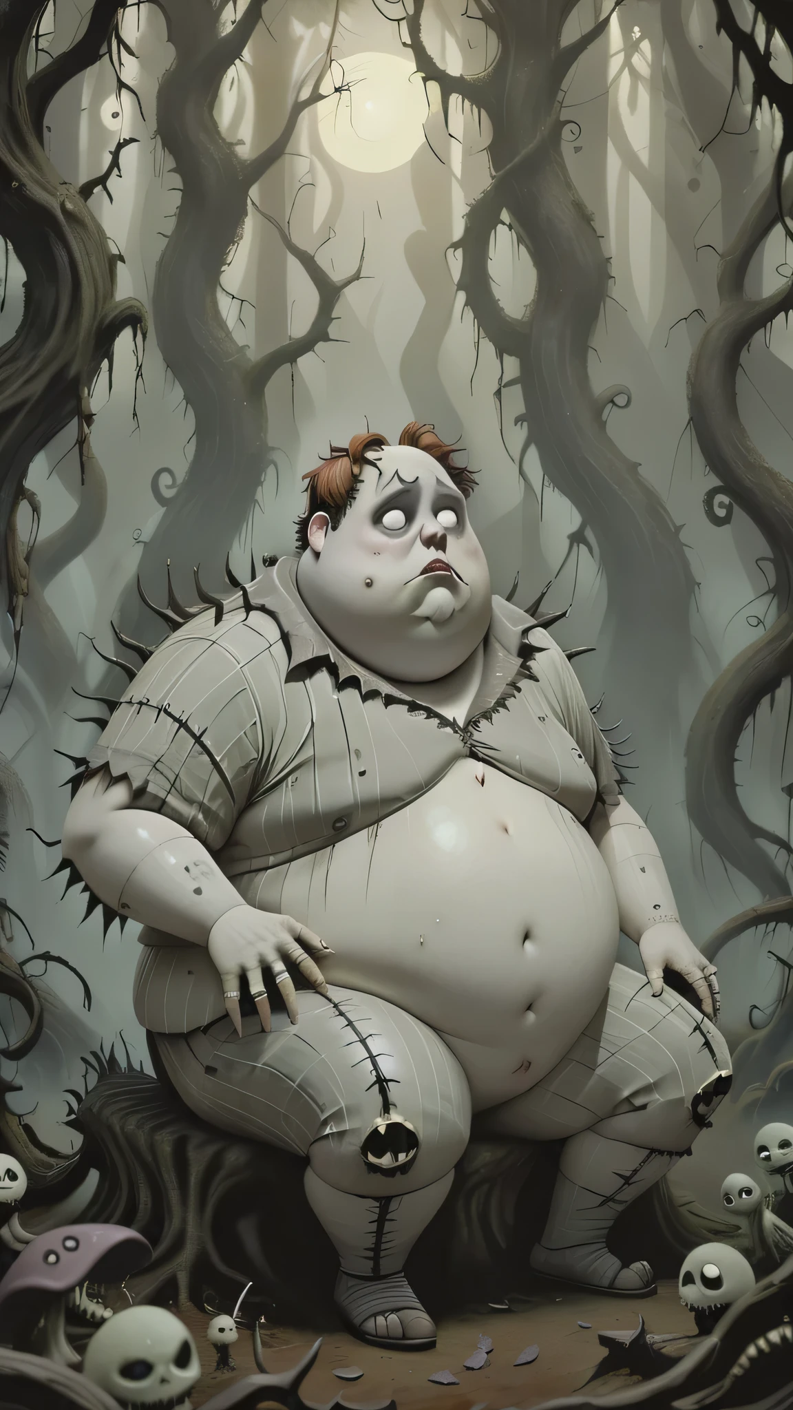 Young chubby man sitting in Tim Burton-inspired forest. Forest is full of peculiar creatures. Undead Man is voluptuous, has giant breasts, (delicate laced shirt), The forest is a blend of anime aesthetics and Burtonesque surrealism,(hand drawn with pencil:1.2), (tim burton style:1.27), huge breasts, curvy body, ultra detailed, intricate, dynamic poses, morning light, fantasy art 