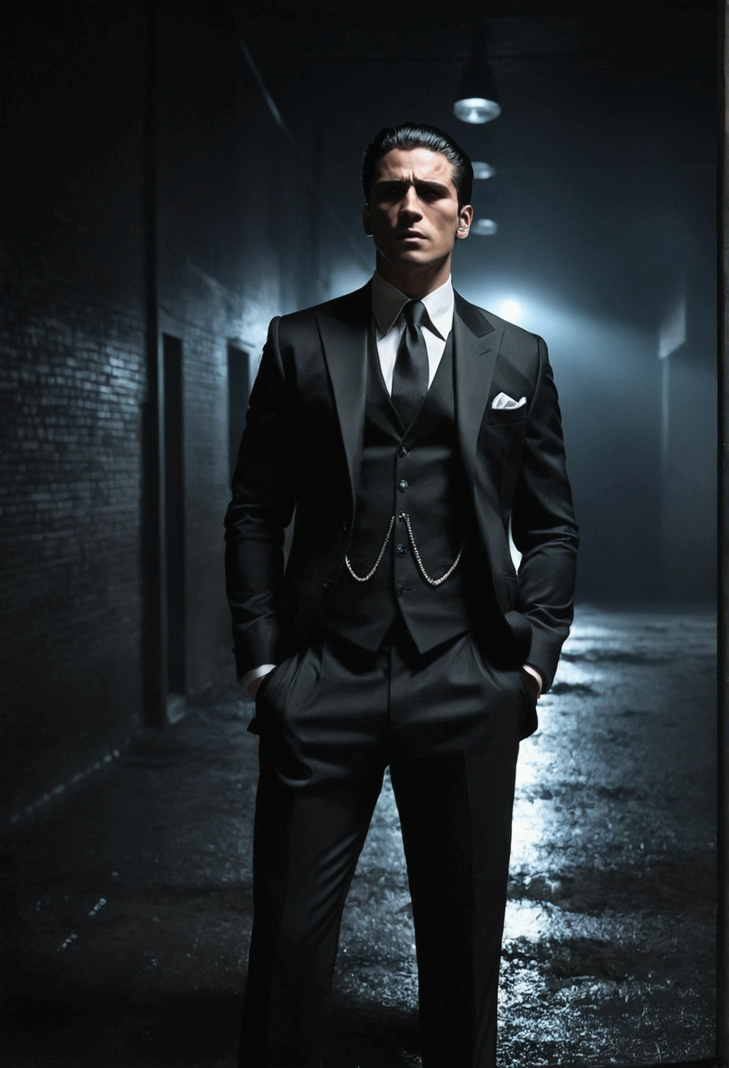 A mafia style man, standing and wearing a perfectly fitted dark suit. He is incredibly attractive and exudes a cold and powerful presence.. He lies on his back, in an equally cold and dark environment, with lighting that highlights your figure realistically. The setting reflects an atmosphere of power and mystery, with dark tones and deep shadows that add drama to the scene.