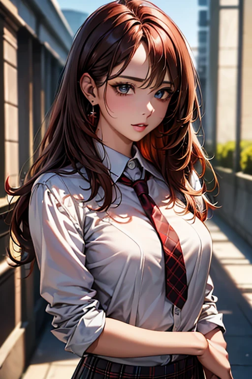 ((Highest quality)),(超High resolution),(Very detailed),(Detailed Description),((The best CG)),(masterpiece),Ultra-detailed art、(Highest quality、8k、32K、masterpiece)、(Realistic)、(Realistic:1.2)、(High resolution)、Very detailed、Very beautiful face and eyes、1 female、Tight waist、Delicate body、(Highest quality、Attention to detail、Rich skin detail)、(Highest quality、8k、Oil paints:1.2)、Very detailed、(Realistic、Realistic:1.37)、Bright coloredium length hair with loose waves、The bangs are straight and fall on the forehead、Red hair))、 Light skin tone、Smooth and healthy skin、
""tops:
White blouse with red ribbon tie bottoms:
Checkered pleated skirt（Navy and red tartan check）
accessories:
Simple stud earrings Slim watches（silver）
shoes:
Black loafer detail:
Blouse with lace trim at neckline and cuffs:1.3 Background: ((School corridor:1.6))、Commuting to school、Or summer nature scenery""