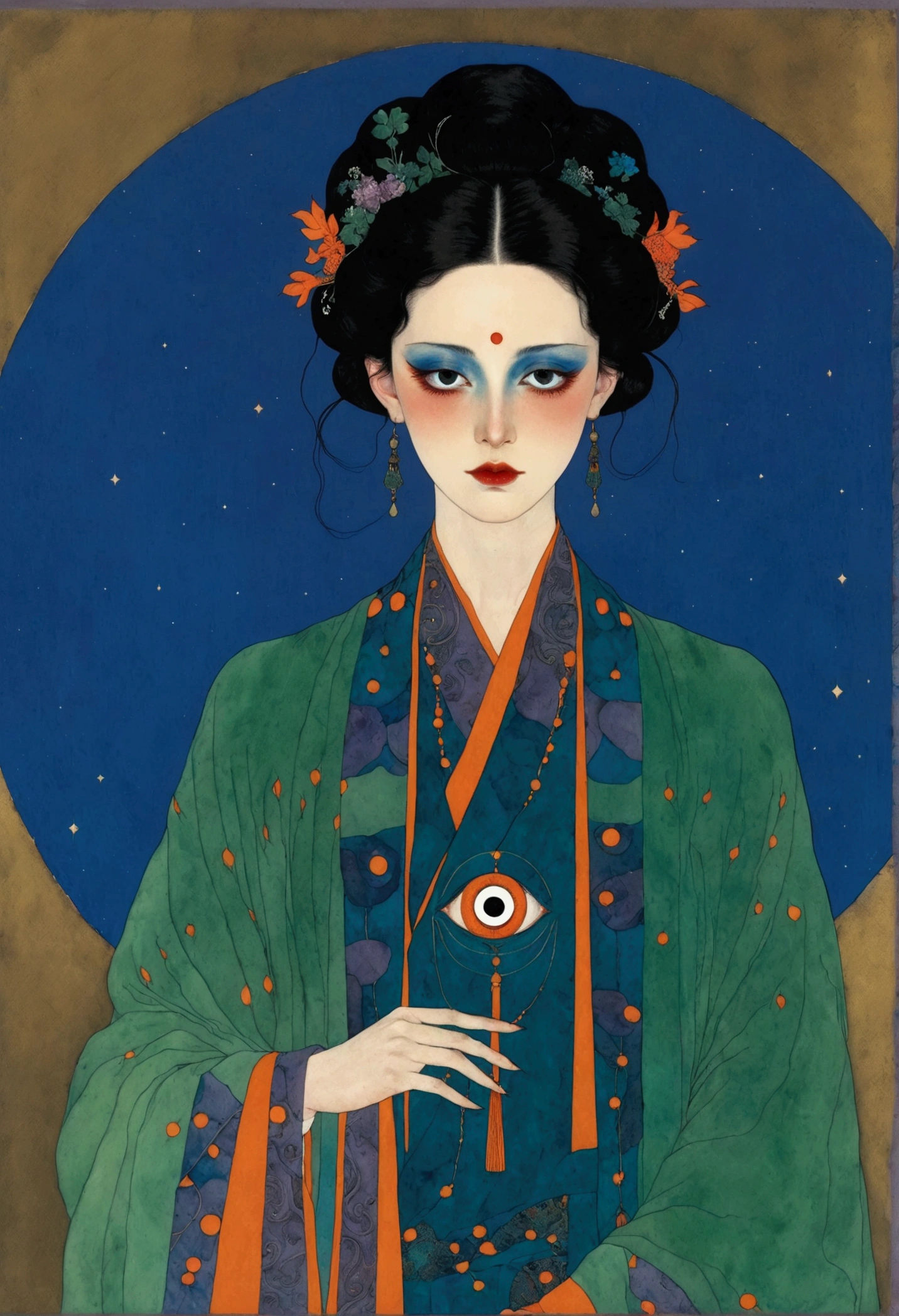 The art of math,Digital Illustration,Drawing,Decorative paintings,Watercolor,(((Harry Clark (Harry Clarke) style,圣地亚哥·卡鲁索style))),Simple,clean,Fine painting style,(((The third eye on the forehead。short hair,Pointed ears,robe))),Wide Angle,Black and blue,Solid color background,Human anatomy is correct