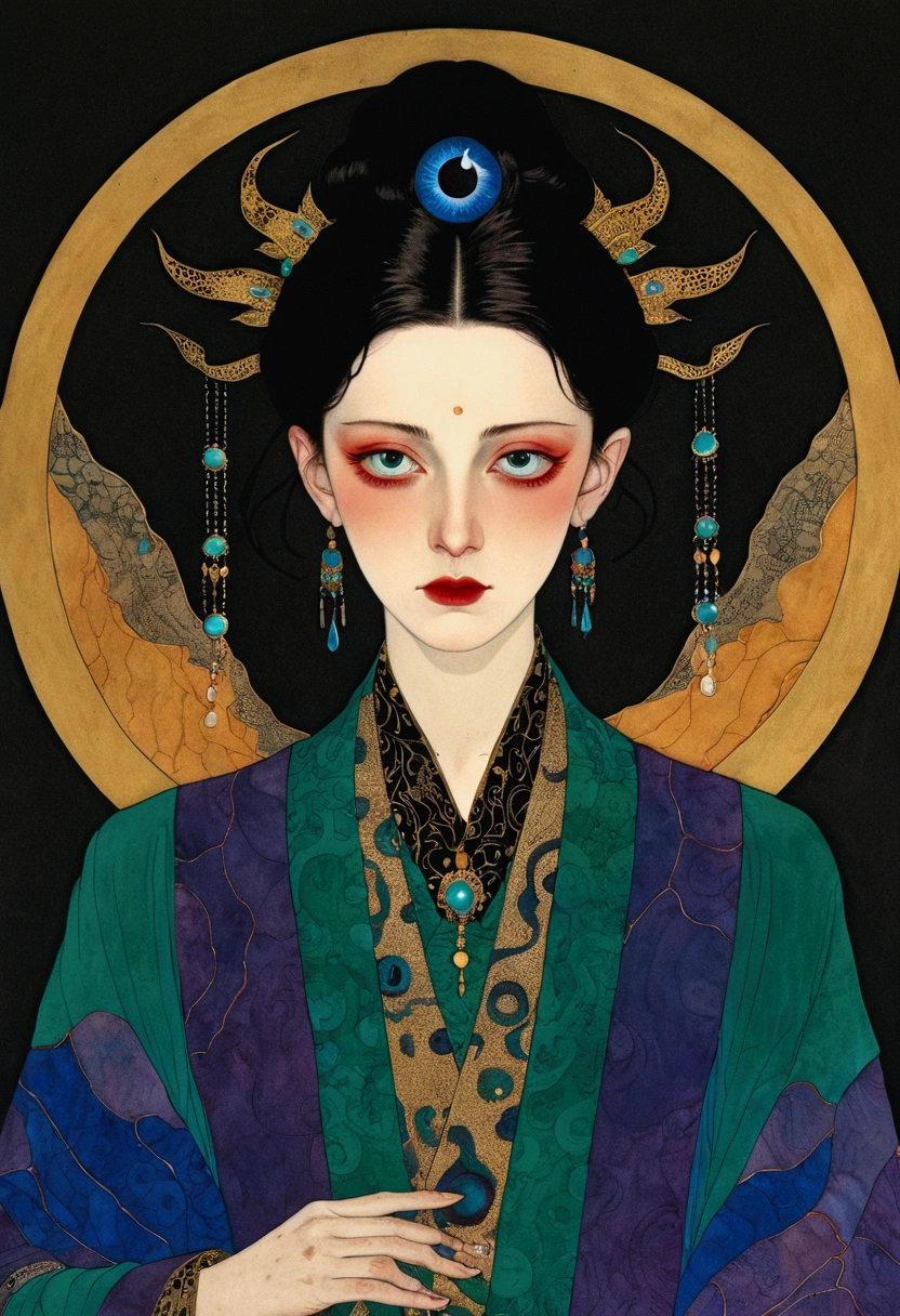 The art of math,Digital Illustration,Drawing,Decorative paintings,Watercolor,(((Harry Clark (Harry Clarke) style,圣地亚哥·卡鲁索style))),Simple,clean,Fine painting style,(((The third eye on the forehead。short hair,Pointed ears,robe))),Wide Angle,Black and blue,Solid color background,Human anatomy is correct
