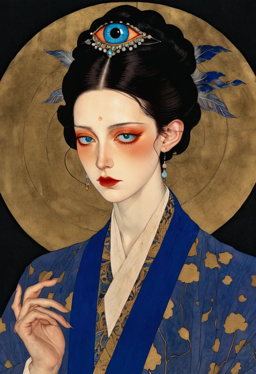 The art of math,Digital Illustration,Drawing,Decorative paintings,Watercolor,(((Harry Clark (Harry Clarke) style,圣地亚哥·卡鲁索style))),Simple,clean,Fine painting style,(((The third eye on the forehead。short hair,Pointed ears,robe))),Wide Angle,Black and blue,Solid color background,Human anatomy is correct