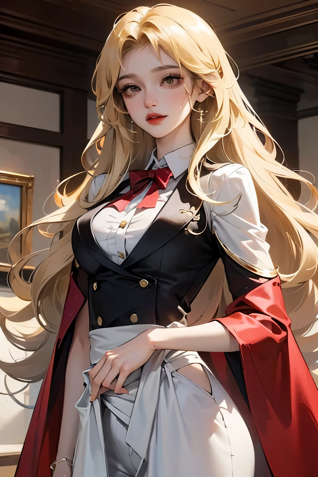 ((best qualityer)), ((work of art)), (detailded), girl with bright dark brown eyes, long brown hair with blonde ombré highlights at the ends, Caucasian skin, rosy cheeks, red lips, cat eyeliner, vestindo uma roupa chic feminina, tailoring pants, matching tailored blazer, confident pose, inside the mall, shorty with 1,50 tall and wide hips, fully body, semi realistic anime korean manhwa style, open blazer, mysticism, mysterious, chic, a single character, Long hair to the waist, long hair, tailoring clothing, dark brown hair.