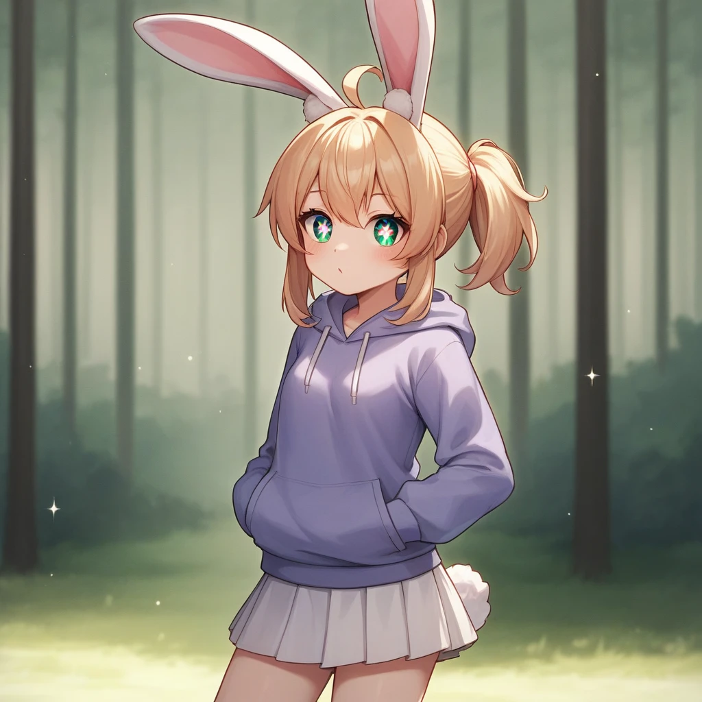 source_anime, score_9, score_8_up, BREAK Best girl, rabbit ears, (sparkling eyes:1.1), hoodie, skirt, forest background