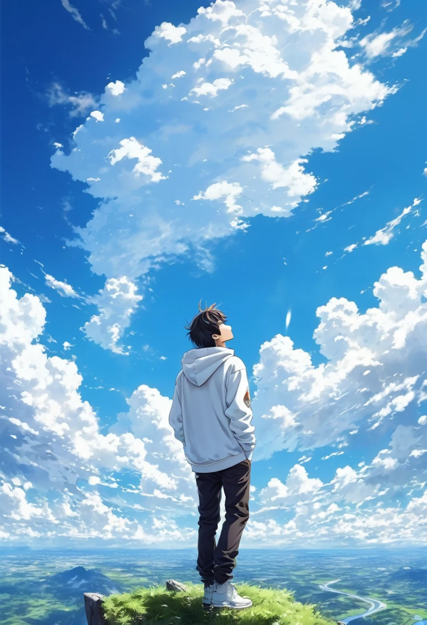 creative , realist, white clouds , blue sky, beautiful, anime landscape, anime guy looking up the sky. wide photography, guy hoody