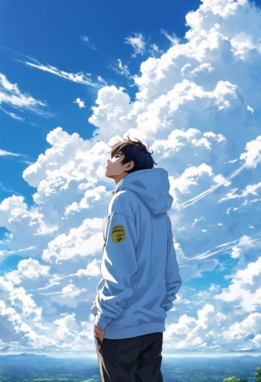 creative , realist, white clouds , blue sky, beautiful, anime landscape, anime guy looking up the sky. wide photography, guy hoody