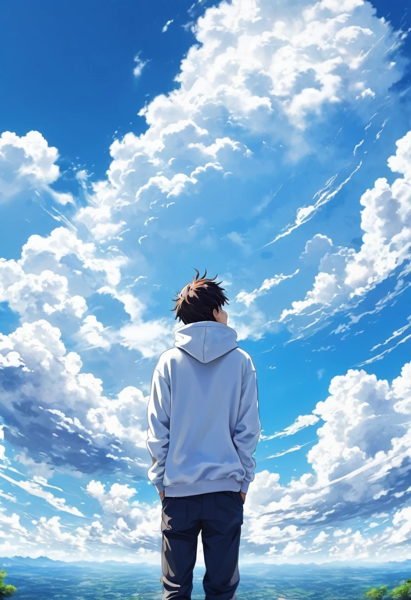 creative , realist, white clouds , blue sky, beautiful, anime landscape, anime guy looking up the sky. wide photography, guy hoody