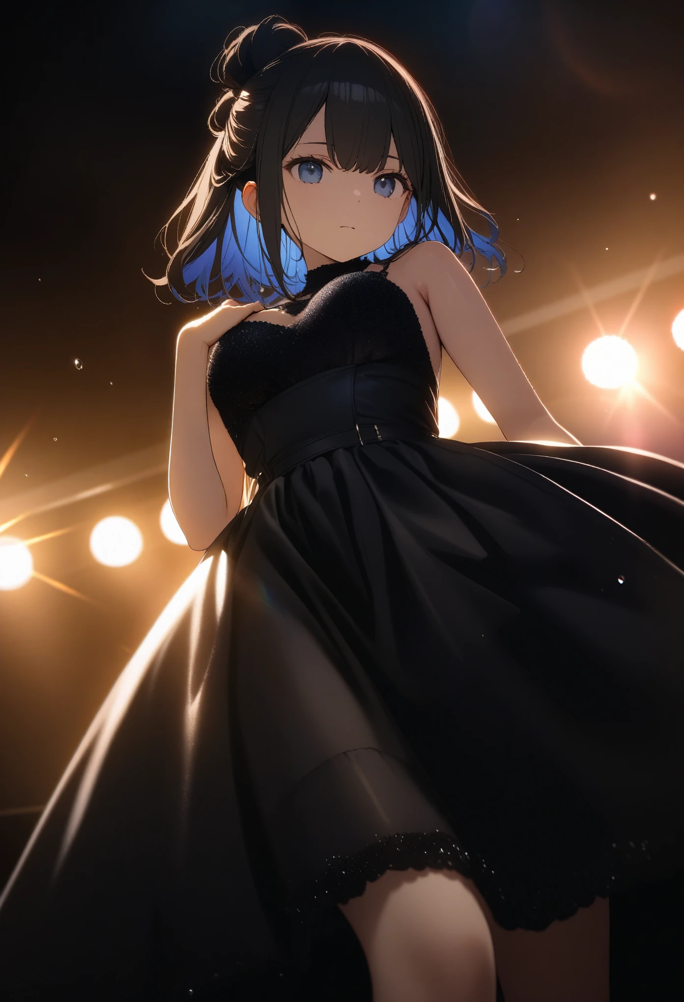 One , ((luxury black party dress))、(Inner color hairstyle), Beautiful Hair, Facial Contour, Remember, Party Venue, brilliant lighting、splash, Lens flare,, Natural Color, High resolution, Very delicate, Very detailed, 8k,（There is swelling of the breasts、About B cup）、Shyness,((Sexual))、Overall angle of view