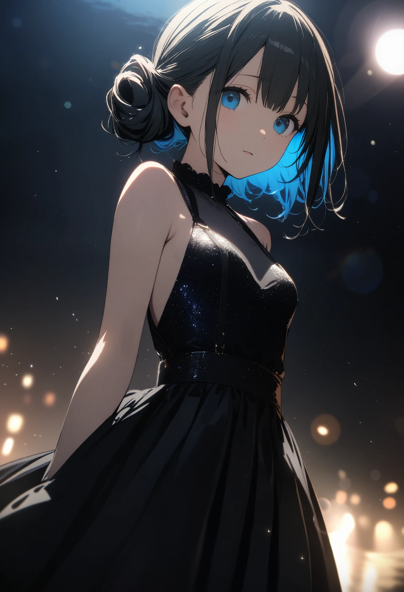 One 14-year-old girl, ((luxury black party dress))、(Inner color hairstyle), Beautiful Hair, Facial Contour, Remember, Party Venue, moonlight、splash, Lens flare,, Natural Color, High resolution, Very delicate, Very detailed, 8k,(There is swelling of the breasts、About B cup)、Shyness,((Sexual))、Overall angle of view