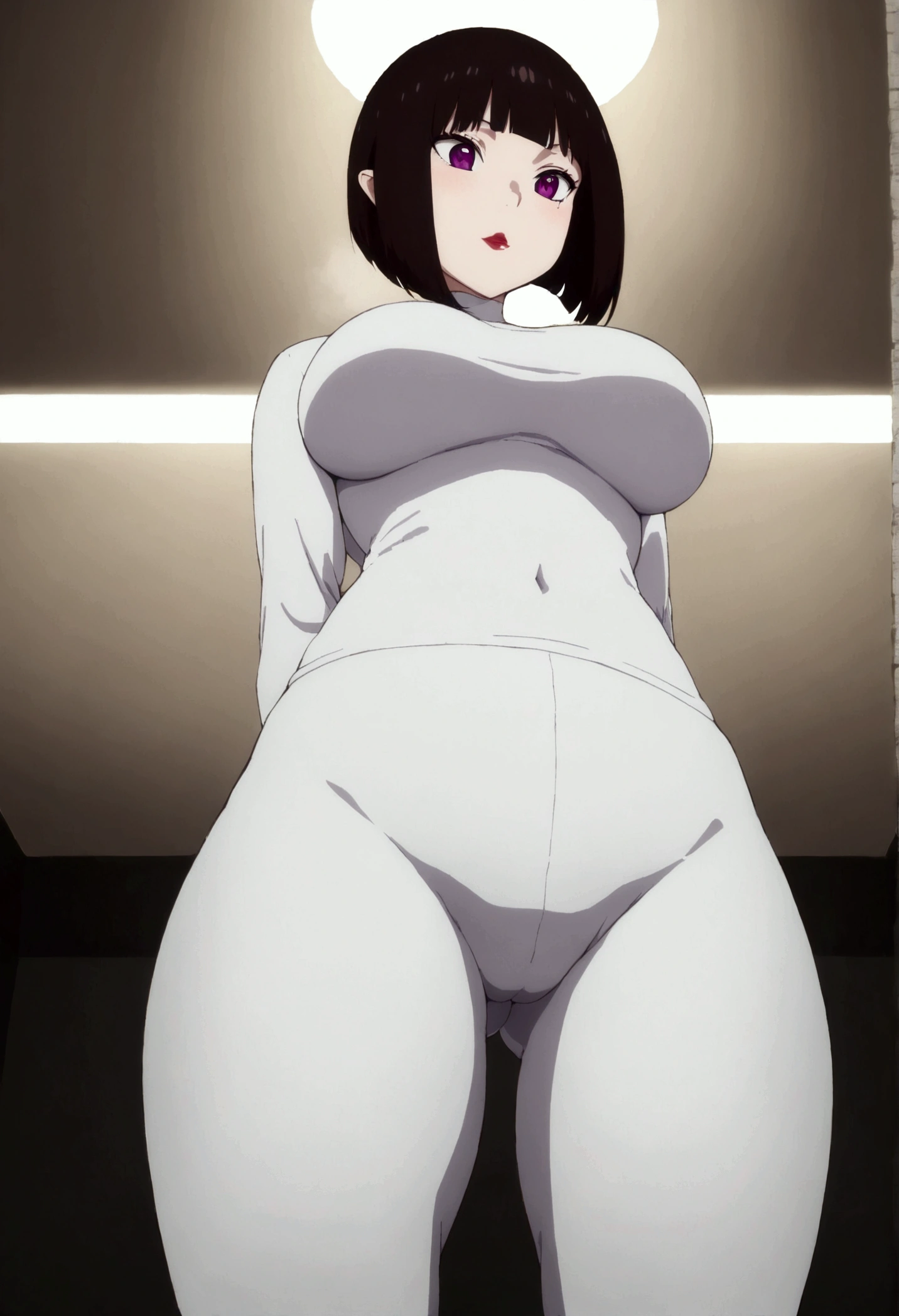 realistically、1 girl、A brunette、bob cuts、purples eyes、radiant eyes、(Colossal tits:1.2), white undershirt, top cut, yoga pant、shoot from below, Open your groin wide, arms behind the back