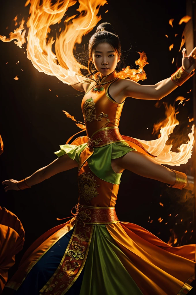 Fisheye lens with flame in background, Chinese girl dancing with swords, He wears a Tang costume, person, Ascending light, Ray tracing, Edge light, Glow effect, Exaggerated action, Exaggerated perspective, orange, green, Realistic ultra-precise wind rendering, Superior detail, Mixer, octanerending