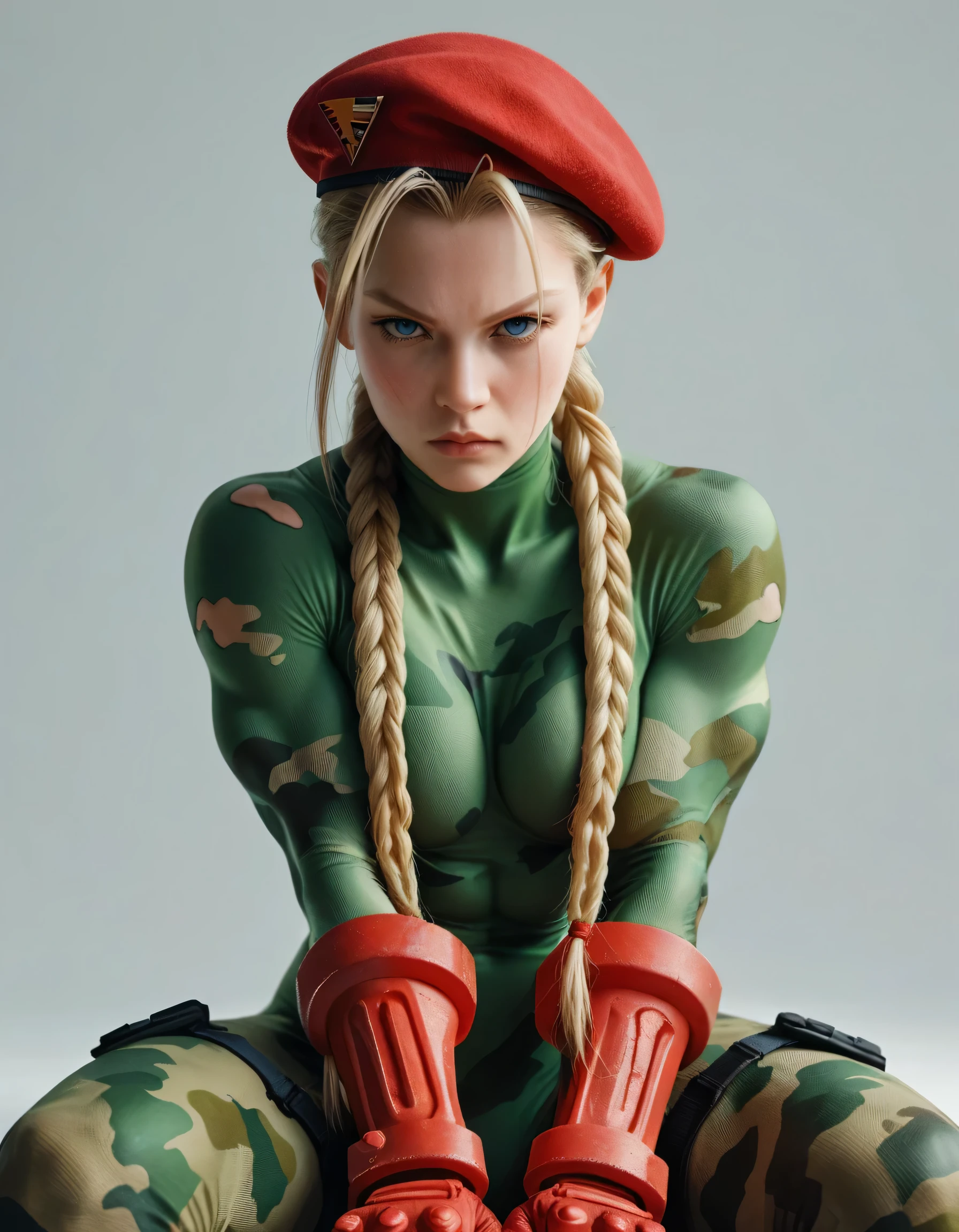 Digital illustration of a female character Cammy White with a muscular build, wearing a green, form-fitting bodysuit. She has long blonde hair styled in two braids, a red beret, and red gloves. Her facial expression is serious, with blue eyes and a determined look. The character's skin is fair, and she has green camouflage paint on her legs. The illustration is highly detailed, with a focus on the character's strong physique and intense expression. anime, anatomically correct, super detail, high quality, 4K