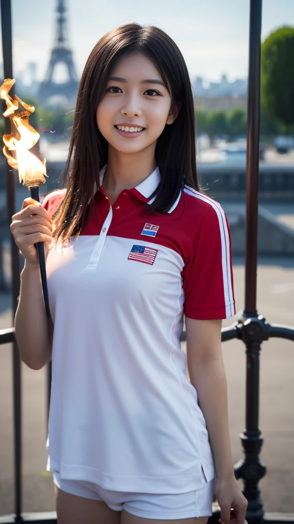 Olympic Torch Relay、Paris Olympic Torch、Paris cityscape、With the Eiffel Tower in the background、Wearing the Japanese flag、Hinomaru on the chest🇯🇵、Holding up a large lit Olympic flame、Cowboy ShotのRAW写真の風光明媚なプロの写真、Realistic、[:Complicated details: 0.3]、Highest quality、Beautiful  girl、Long black hair、Are thin、Skin fineness、(Plus Size: 1.Like 1)、(Breasts witutiful round shape: 1.1)、(Big Ass: 1.1)、(White p shirt、japanese flag emblem、Red collar)、1 girl、holding the Olympic torch、The Olympic flame is lit、smile、Elegant figrom the front、Gazing at the viewer、Cowboy Shot、Paris city outdoors、Natural Color、Perfect perspective、Very detailed、Wide-angle lens、Surreal、Dramatic skies、Polarizing Filter、Natural light、Bright colors、Everything in sharp focus、HDR、uhd、64k、Photorealistic、Hyperreistic、Hyper Detail、Analog Style、Detailed musclete skin、Soft Lighting、Scattered on the surface、Real、Dahadows Masterpiece、Highest quality、Surreal、8k、Golden Ratio、complicated、High Detail、Film Photography、Soft Focus
