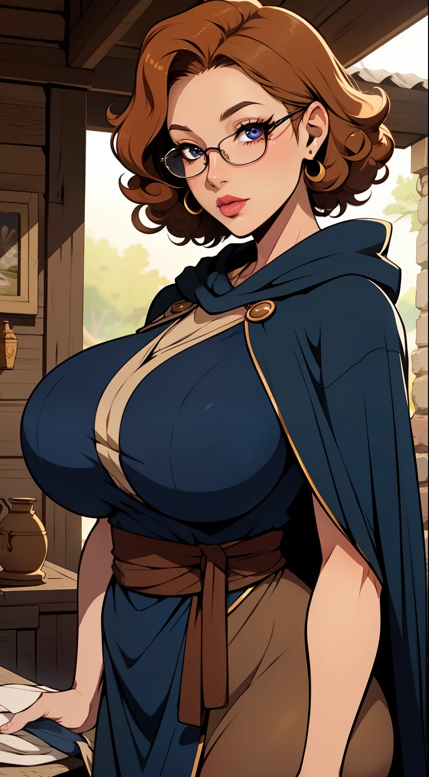 Solo, female, tan skin, curly hair, (((short hair))), light mahogany hair, lipstick, eyeliner, eyelashes, thick eyelashes, big breasts, linen tunic, (navy cloak), glasses, fantasy village, mature female