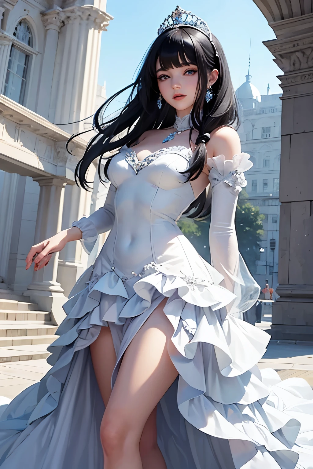 A beautiful young princess with black hair and blue eyes., she is wearing her beautiful long white dress