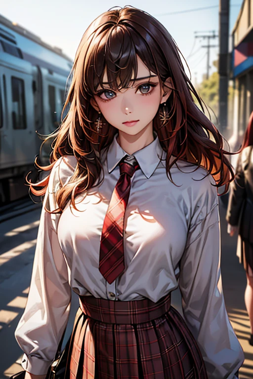 ((Highest quality)),(超High resolution),(Very detailed),(Detailed Description),((The best CG)),(masterpiece),Ultra-detailed art、(Highest quality、8k、32K、masterpiece)、(Realistic)、(Realistic:1.2)、(High resolution)、Very detailed、Very beautiful face and eyes、1 female、Tight waist、Delicate body、(Highest quality、Attention to detail、Rich skin detail)、(Highest quality、8k、Oil paints:1.2)、Very detailed、(Realistic、Realistic:1.37)、Bright coloredium length hair with loose waves、The bangs are straight and fall on the forehead、Red hair))、 Light skin tone、Smooth and healthy skin、
""tops:
White blouse with red ribbon tie bottoms:
Checkered pleated skirt(Navy and red tartan check)
accessories:
Simple stud earrings Slim watches(silver)
shoes:
Black loafer detail:
Blouse with lace trim at neckline and cuffs:1.3 Background: School corridor、((Commuting to school:1.6))、Or summer nature scenery""