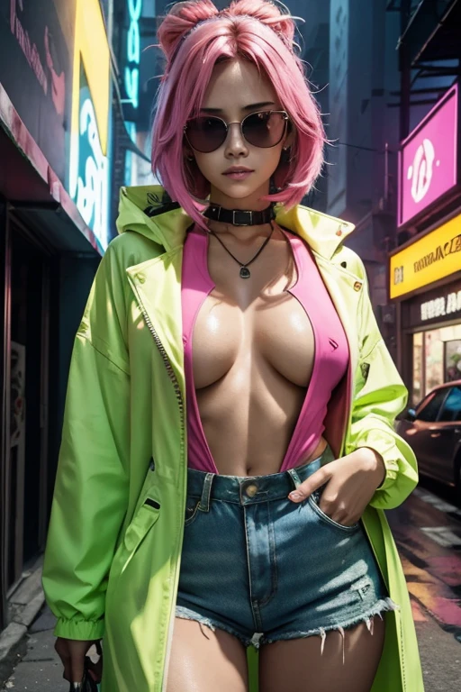 Cyberpunk, keyhole_cleavage, Not Safe For Work, Woman, street worker, Cyberpunk street in background, brightly colored clothing, ethnically from the South America, sexy clothing, neon colored clothing, short open coat, tight knee length shorts, shirt with cleavage cutout, nicely detailed, sharp focus, neon green shirt, neon yellow coat, neon pink pants, nipples showing, nipples, nipple slip