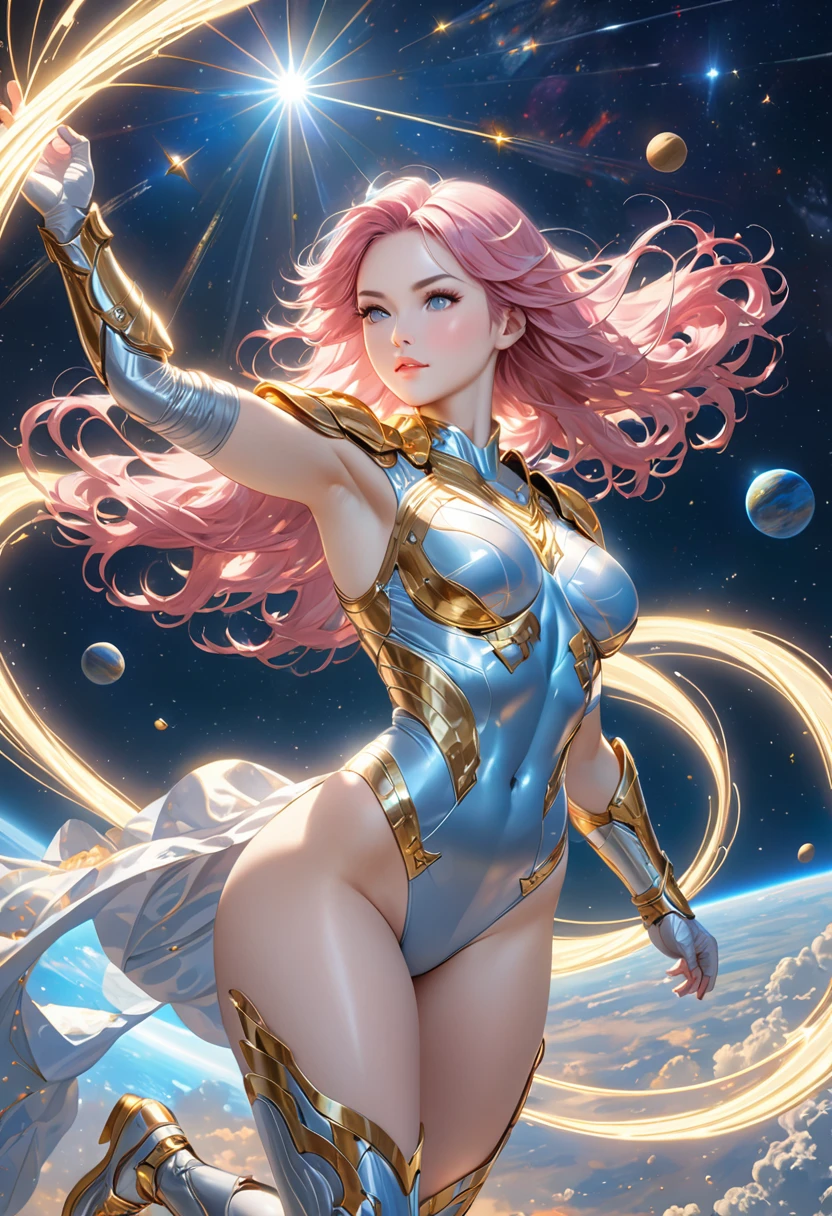 BOMBSHELL PINK HAIR VALKYRIE FLYING OUTERSPACE, , PALE SKIN, LIGHT GRAY EYES, HIGH CHEEKBONES, ROSY CHEEKS, MENTAL FORAMEN, HUGE LONG HAIR,LIGHT BLUE THONG LEOTARD ARMOUR, , LONG GOLD GAUNTLETS, ATHLETIC CURVY BODY, EXPOSED ARMS, DETAILED QUADRICEPS, MUSCLES, FRONT BODY VIEW, GOLD SHOES, FULL BODY PERSPECTIVE, SPRITE LIGHTINGS, OUTERSPACE, RAYS OS LIGHT, SUN, BACK LIGHTS, NIGHT SKY, ACCURATE IMAGE, MASTERPIECE.