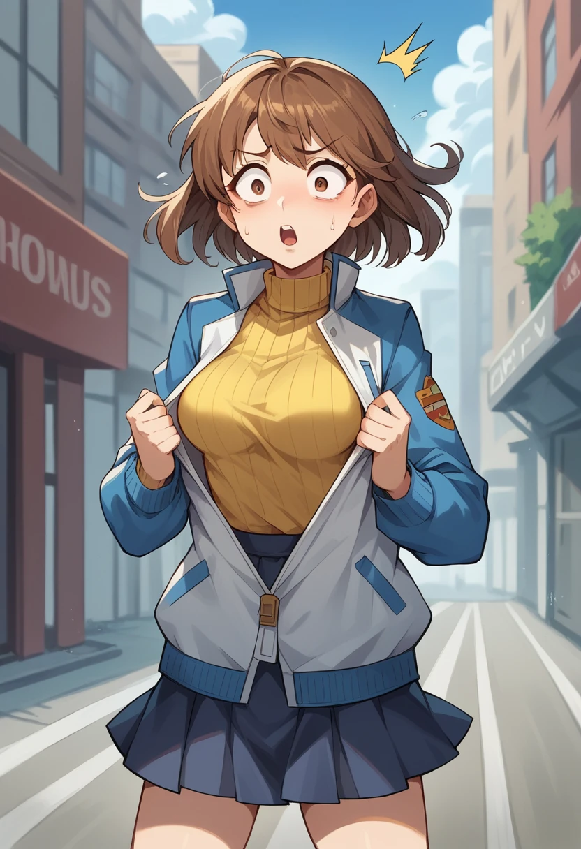 score_9, score_8_up, score_7_up, (female1.5), female focus, female body, 1girl, solo, lloyd,  brown hair, meidum hair, brown eyes, blue jacket, white jacket, yellow turtleneck, breasts, skirt, standing, grabbing her jacket, opening jacket, shocked face, looking herself, city