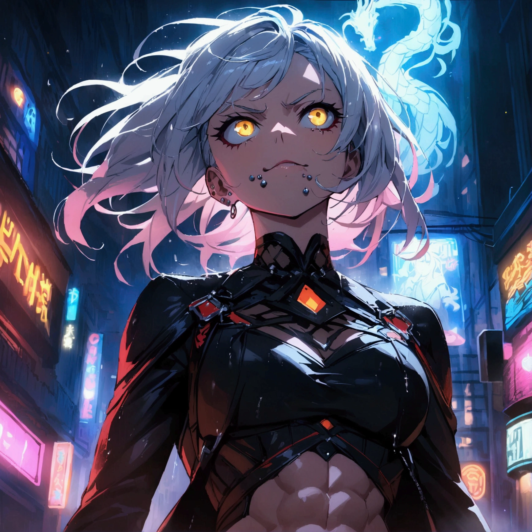 anime women, dark outfit with red and blue details, white hair, (golden dragon eyes) standing in a rain soaked, city street at night, cinematic lighting (best quality:1.2)detailed, neon lights, vivid colors,bokeh, angry looking face with smirk on mouth, piercing, ABS, (looking up), ((face piercing)), gaze, 4k, particles in the air, powers, amazing art work full of details, dynamic movement
