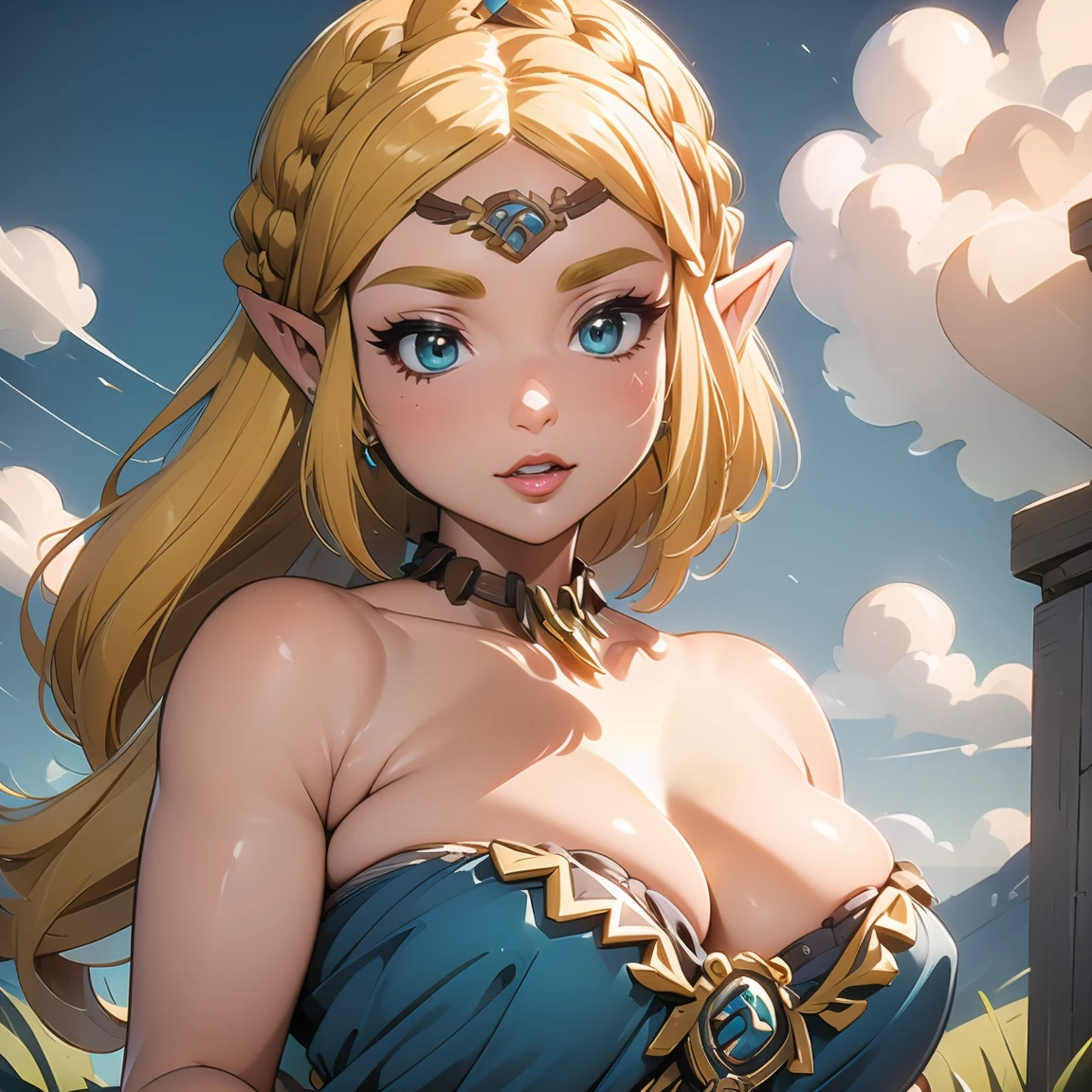 ((masterpiece)), ((best quality)), (detailed), perfect, solo, zelda,  luscious lips, long hair, huge breasts, deep cleavage, huge breasts, sexy, strapless dress,