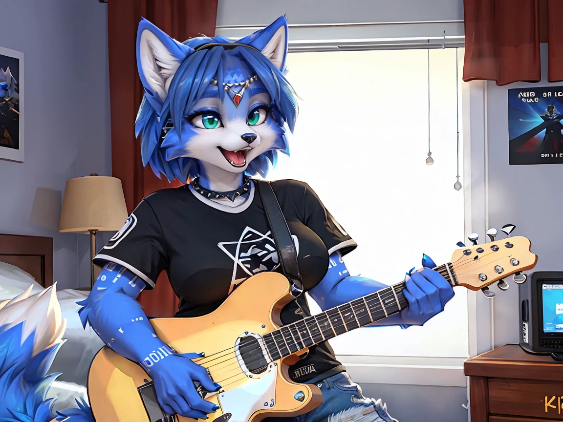 A beautiful and detailed picture of ((krystal)), Star Fox krystal,  green eyes, medium breasts, (((Long blue hair 1.3))),  anthro, furry, (von Fluff-Kevlar, Bayard Wu, personalize me, Pino Daeni),  detailed fluffy fur, detailed face, (fluffy), 1 girl, alone, hair cover one eye:1.4, wearing a pentagram gothic punk rock shirt with cut up jeans, Playing guitar and singing in her room, Large breast, detailed face, detailled eyes,