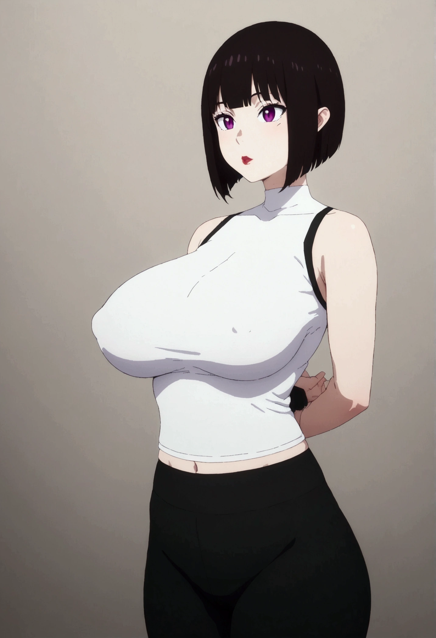 realistically、1 girl、A brunette、bob cuts、purples eyes、radiant eyes、(Colossal tits:1.2), white undershirt, top cut, yoga pant, arms behind the back
