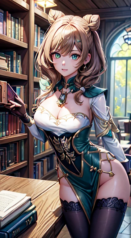 realisitic, work of art, best qualityer, 8k, ray tracing, 1 girl, lisa, do impacto genshin, greeneyes, glare eyes, natta, Light brown bun hair, looking ahead at viewer, whole body, hands behind the back, leaning forward, front viewer, bookcase,