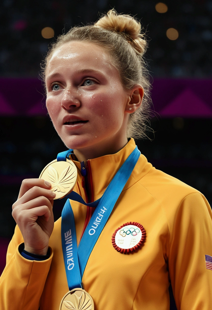 (Olympic Games), On the Olympic podium, athletes who won gold medals had tears in their eyes and held their medals high in their hands. At this moment, their efforts and sweat paid off, becoming national and personal glory, full body, award-winning, cinematic still, emotional, vignette, dynamic, vivid, (masterpiece, best quality, photorealistic, Professional, perfect composition, very aesthetic, absurdres, ultra-detailed, intricate details:1.3)