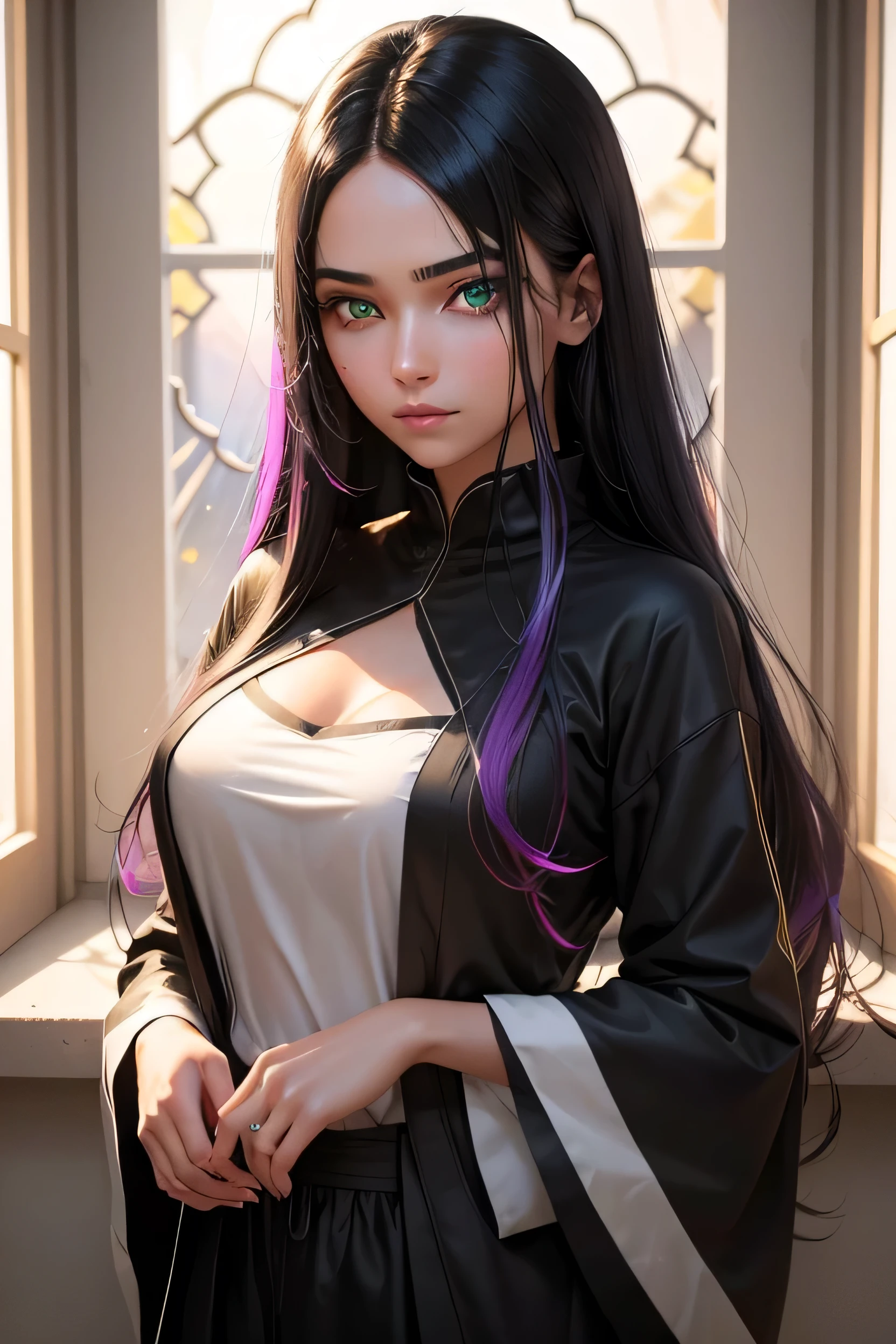 A young woman with a captivating presence. Her black hair is adorned with colored highlights, that shine in the light, creating a rainbow effect on your locks. Your neon green eyes are intense and luminous, but they exude a deep and serene calm. your gaze is calm and compassionate, a window to your peaceful soul.