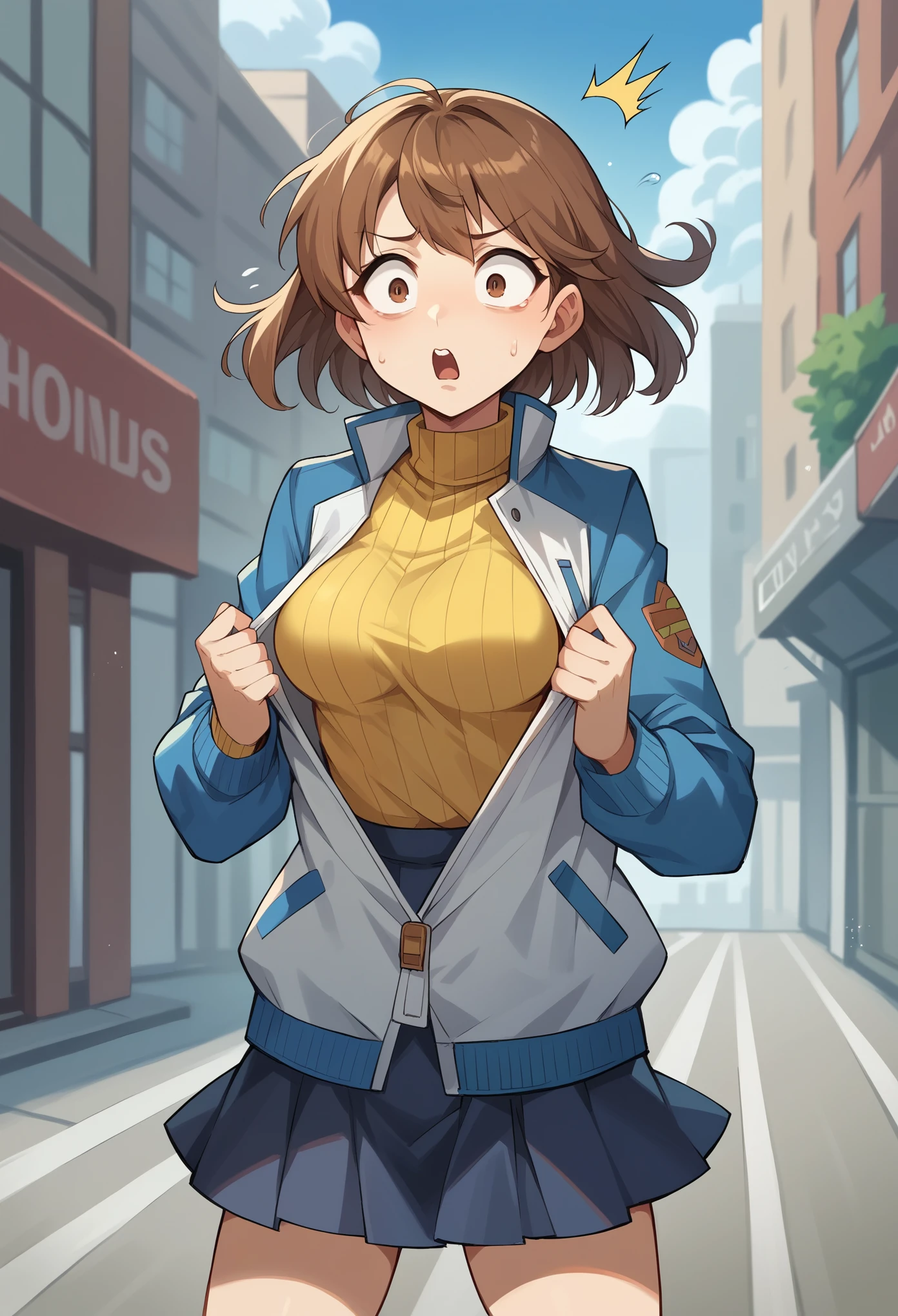 score_9, score_8_up, score_7_up, (female1.5), female focus, female body, 1girl, solo, lloyd,  brown hair, meidum hair, brown eyes, blue jacket, white jacket, yellow turtleneck, breasts, skirt, standing, grabbing her jacket, opening jacket, shocked face, looking herself, city