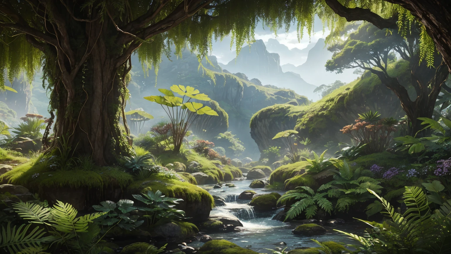 "A detailed scene showcasing an isolated ecosystem with the giant fern at its center. Surrounding the fern are various small plants and insects, emphasizing the lack of competition. In the background, a rugged landscape with rocky outcrops and minimal vegetation. The fern's DNA sequence appears subtly in the air, like a mystical aura, highlighting the genetic marvel of the plant. The style is realistic with a touch of fantasy to emphasize the extraordinary nature of the fern's genome."