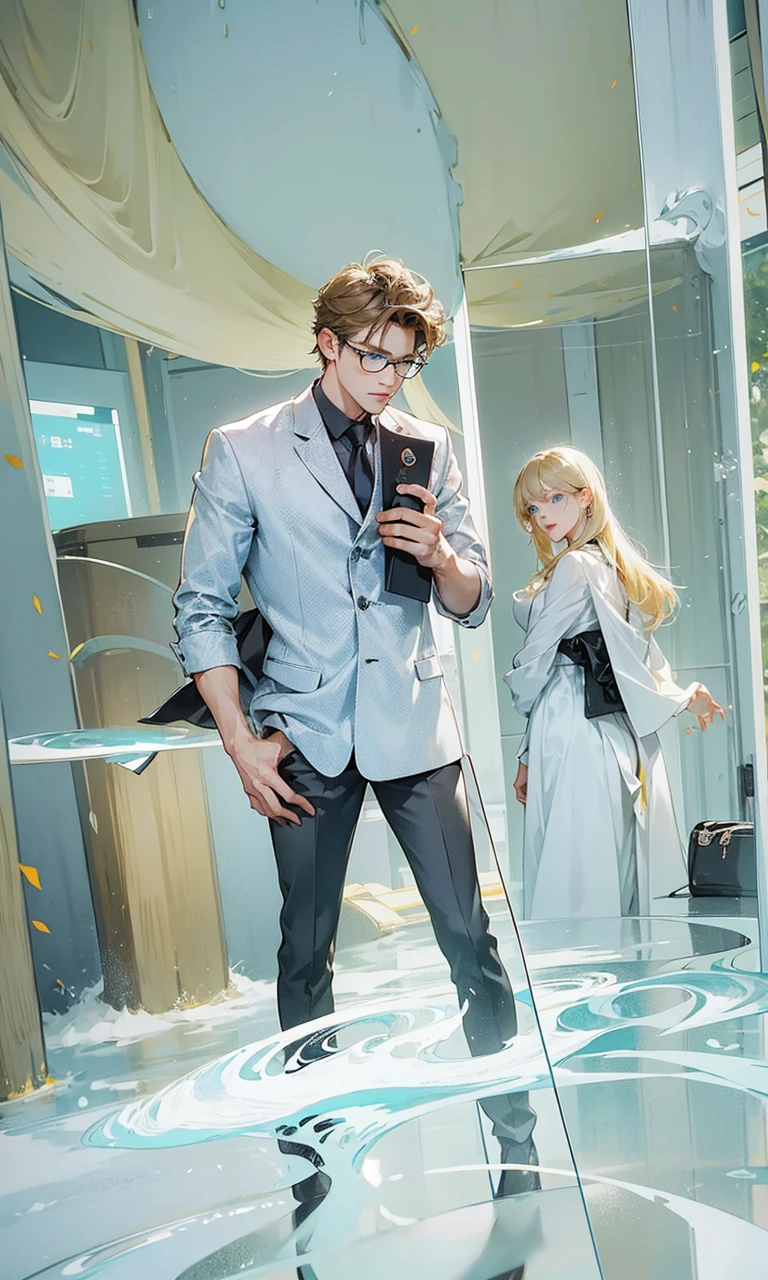 With anime style illustrations、A young man and woman couple appears。The man has blue eyes、Wearing a black suit jacket。The woman is blonde and wears glasses.、She's wearing soft pink clothes。The two of them pose intimately、The background has vibrant blue and pink tones that evoke a romantic atmosphere.。A woman grabs a man's jacket、It emphasizes the intimacy between the two。They're both in the same position、sit side by side。