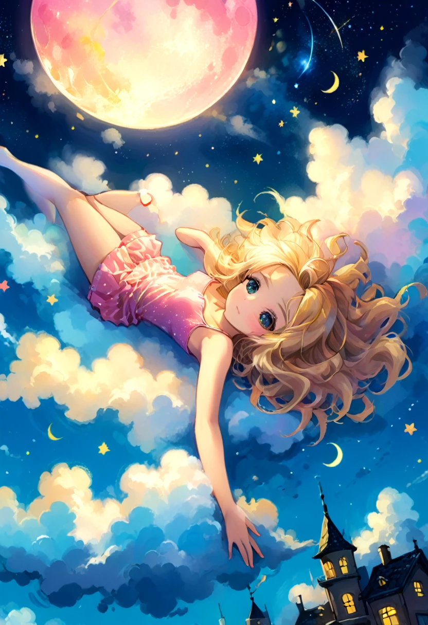 a beautiful 20 year old blonde woman with big messy hair, laying on a fluffy cloud in the sky, with glowing moon and twinkling stars, with a small cityscape below, fantasy art style, rossdraws cartoon vibrant, , cute detailed digital art, colorfull digital fantasy art, digital fantasy art ), glossy digital painting, rossdraws pastel vibrant, rossdraws 2. 5, rossdraws 1. 0