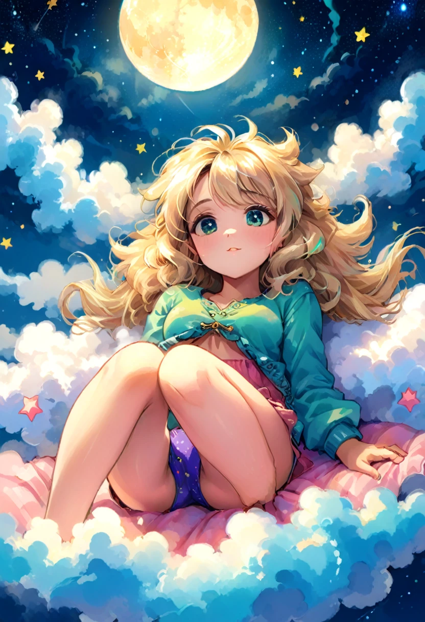 a beautiful 20 year old blonde woman with big messy hair, laying on a fluffy cloud in the sky, with glowing moon and twinkling stars, with a small cityscape below, fantasy art style, rossdraws cartoon vibrant, , cute detailed digital art, colorfull digital fantasy art, digital fantasy art ), glossy digital painting, rossdraws pastel vibrant, rossdraws 2. 5, rossdraws 1. 0