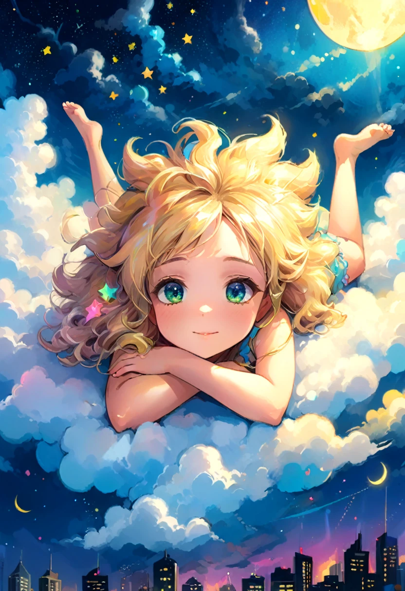 a beautiful 20 year old blonde woman with big messy hair, laying on a fluffy cloud in the sky, with glowing moon and twinkling stars, with a small cityscape below, fantasy art style, rossdraws cartoon vibrant, , cute detailed digital art, colorfull digital fantasy art, digital fantasy art ), glossy digital painting, rossdraws pastel vibrant, rossdraws 2. 5, rossdraws 1. 0