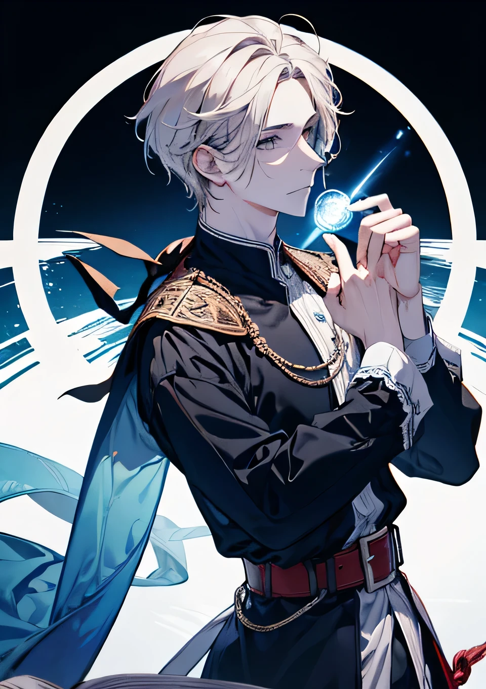 1 homem mago medieval, loiro, olhos purpuros claros, with a magical circle on the hand