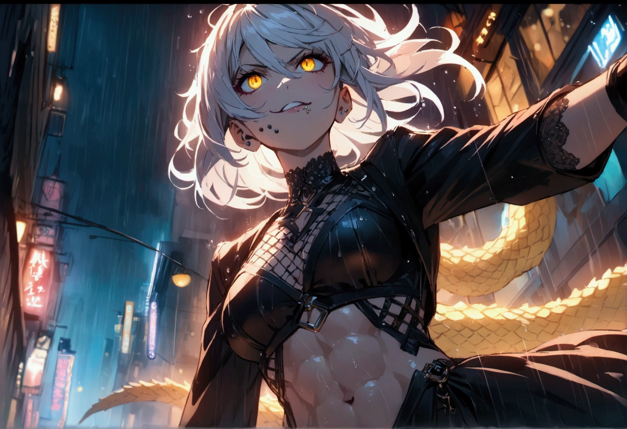 (anime women), dark outfit with red and blue details, white hair, (golden dragon eyes) standing in a rain soaked, city street at night, cinematic lighting (best quality:1.2)detailed, neon lights, vivid colors,bokeh, angry looking face with smirk on mouth, piercing, ABS, ((face piercing)), gaze, 4k, particles in the air, powers, amazing art work full of details, dynamic movement, (gold lips), viper tongue out