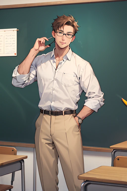 Friendly teacher in glasses talking , standing man