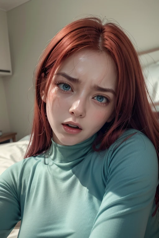 lying woman, free hair, pain face, Moaning in pain, open mouth, Details, (parts), facial expression, Red hair, (ultra high definition), ((tight neckline))), light blue clothes, hands on head, Lying on the bed, (close up), ((sweat)), ((blush)), green eyes, exposed neck