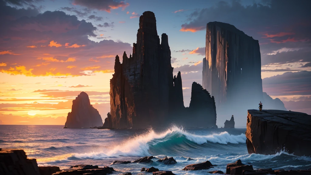 Painting, the rear view of tall (pirate ship), sails unfurled, stormy (sea and sky), enormous (rocky alcove), turbulent clouds, dark (vivid colors), sunset colors, turbulent sky, dusk colors, Art by malczewski, rossdraws, artgerm, irakli, guweiz, griffiths, horikoshi, trending, realistic, 4k, UHD, best art, ultra sharp, dynamic lighting, insane detail