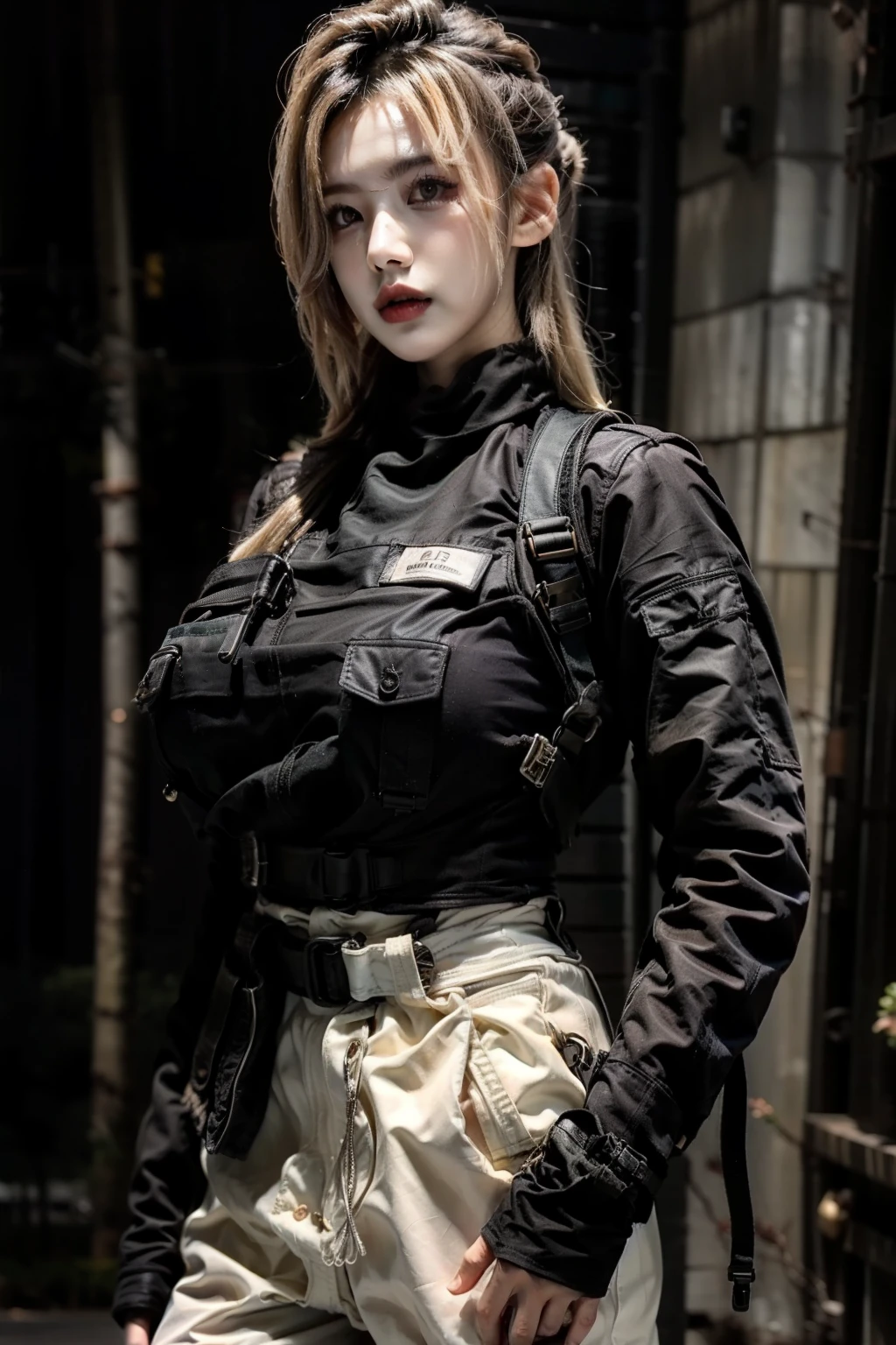 ((best quality)), ((Masterpiece)), (details), 1 girl, SWAT uniform, Curtain bangs, Blonde hair, big breasts, Street background