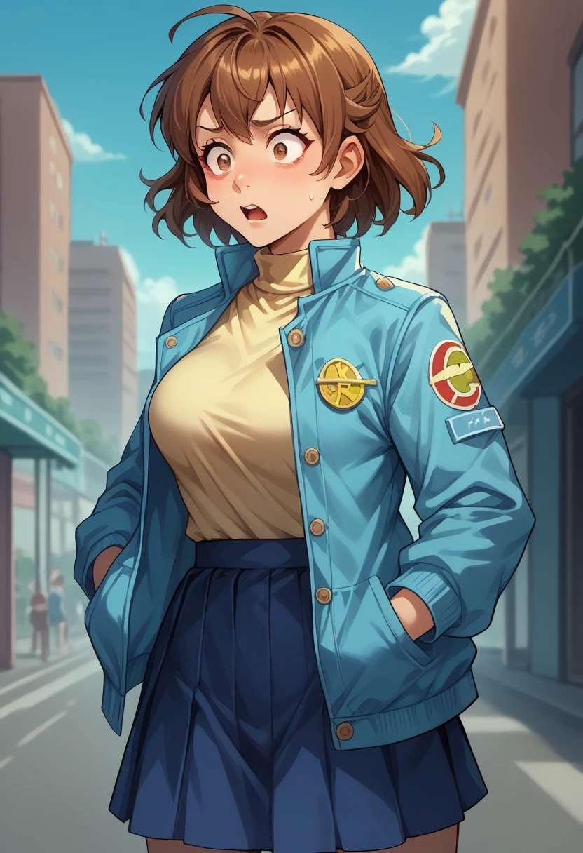score_9, score_8_up, score_7_up, (female1.5), female focus, female body, 1girl, solo, lloyd, brown hair, meidum hair, brown eyes, blue jacket, white jacket, yellow turtleneck, breasts, skirt, standing, grabbing her jacket, opening jacket, shocked face, looking herself, city
