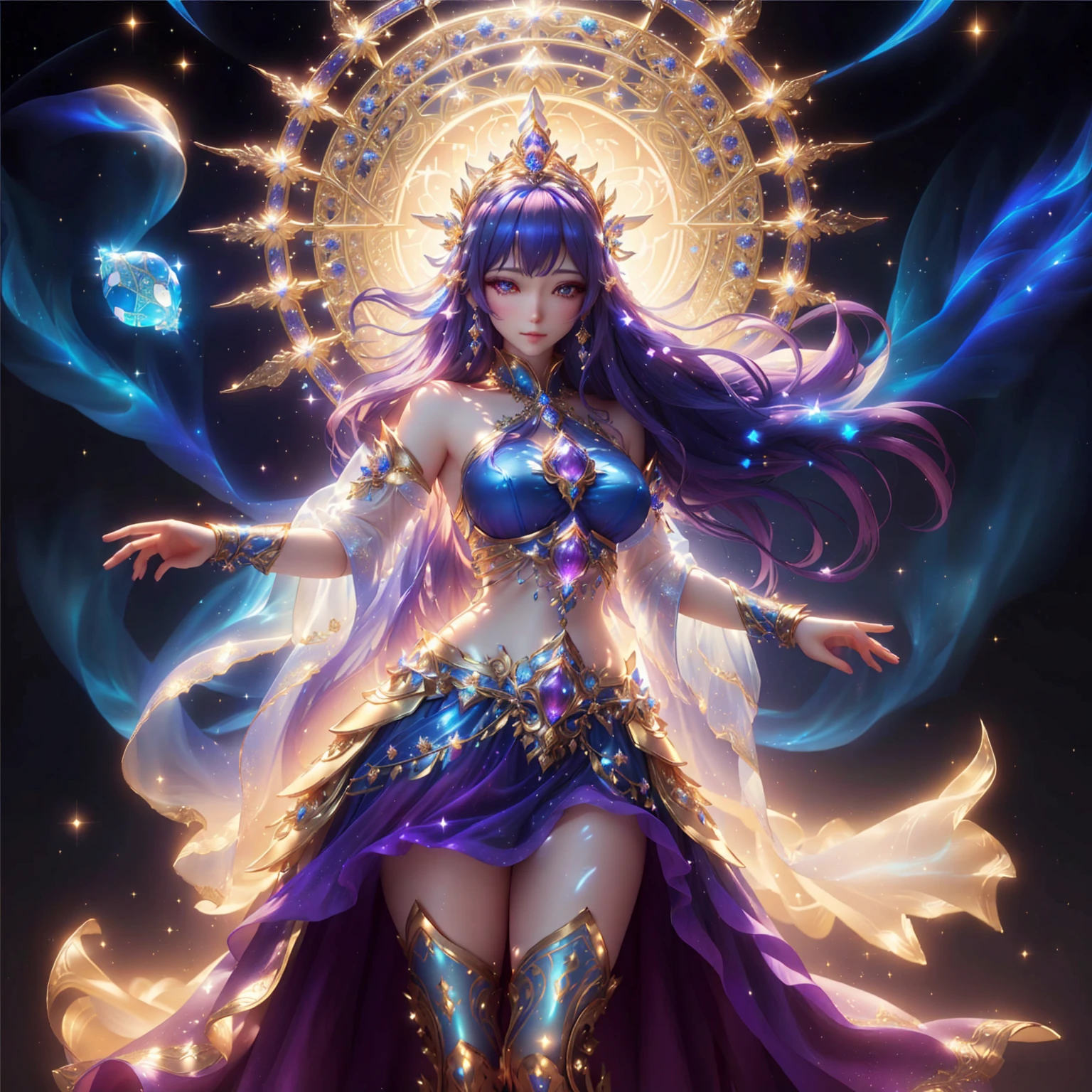 Woman in blue dress holding glowing ball in front of castle, Beautiful Fantasy Empress, goddess of light, beautiful heavenly mage, beautiful goddess, goddess. Very high detail, extremely detailed goddess shot, artgerm from artstation pixiv, Fantasy anime artwork, ((Beautiful Fantasy Empress)), anime goddess, celestial goddess, beautiful fantasy art