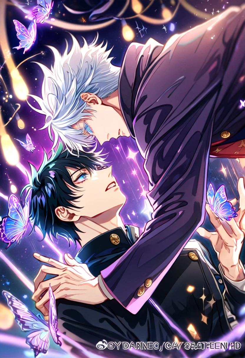 absurdres, highres, ultra detailed, HDR, master piece, best quality, Gojou Satoru, white hair, expressive blue eyes, white eyelashes, Jujutsu Kaisen, Dan Heng, black hair, expressive red eyes, two sexy men together, yaoi, gay couple, handsome, black coat, dark purple coat, fantasy, magical, sparkling, shining, purple lightning, floating round lights, starry sky, void, purple butterflies, purple moon