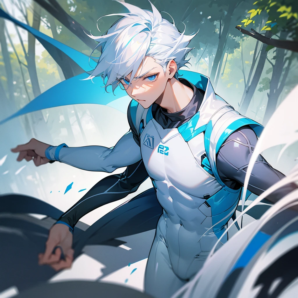 16 year old boy white hair-blue eyes ,working out, outdoors in the forest running into a white-haired, blue-eyed girl wearing a tight white suit, face to face , hd quality, Super detailed, High quality